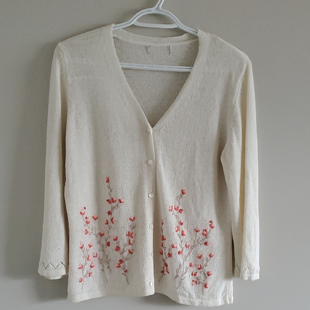 Vintage V-Neck 3/4 Sleeve Cardigan Floral Embroidery Sz M Cottagecore Fairy